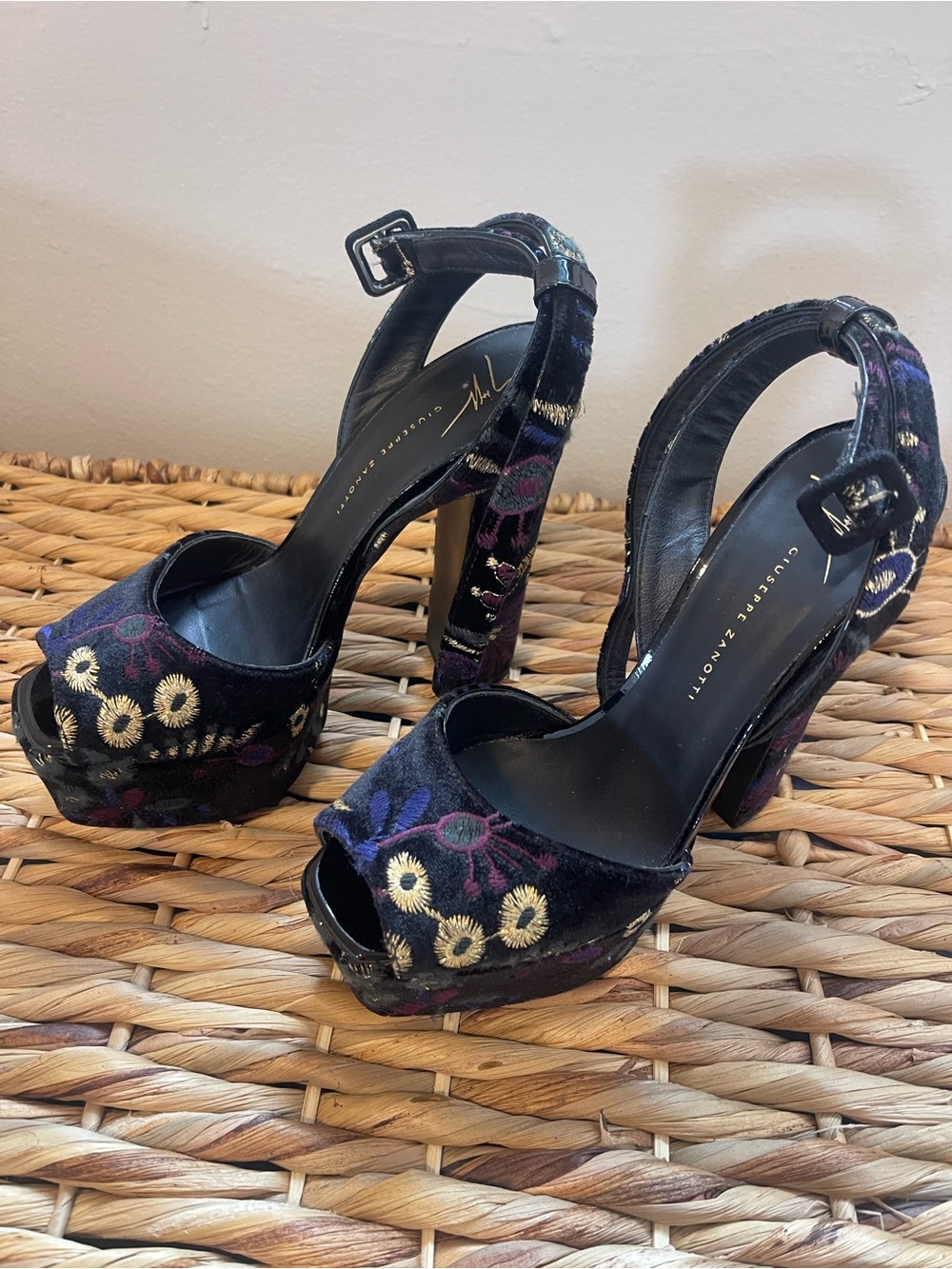 Giuseppe Zanotti Black Velvet Floral Embroidered Platform Sandals